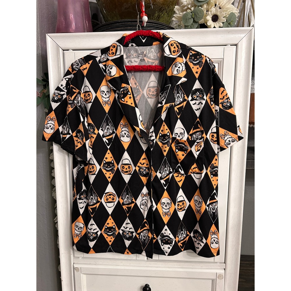 Halloween Pajama Set Shorts Top Harlequin Spooky Print Retro Design LARGE - Picture 12 of 13